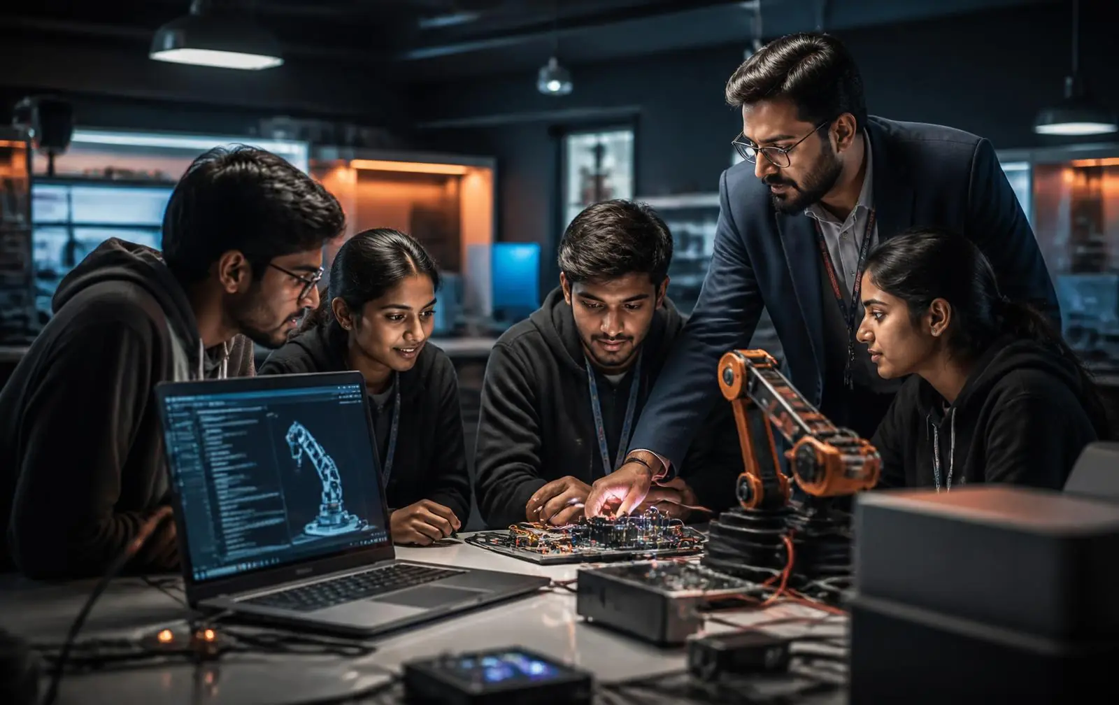 Students and mentor developing an engineering robotics project